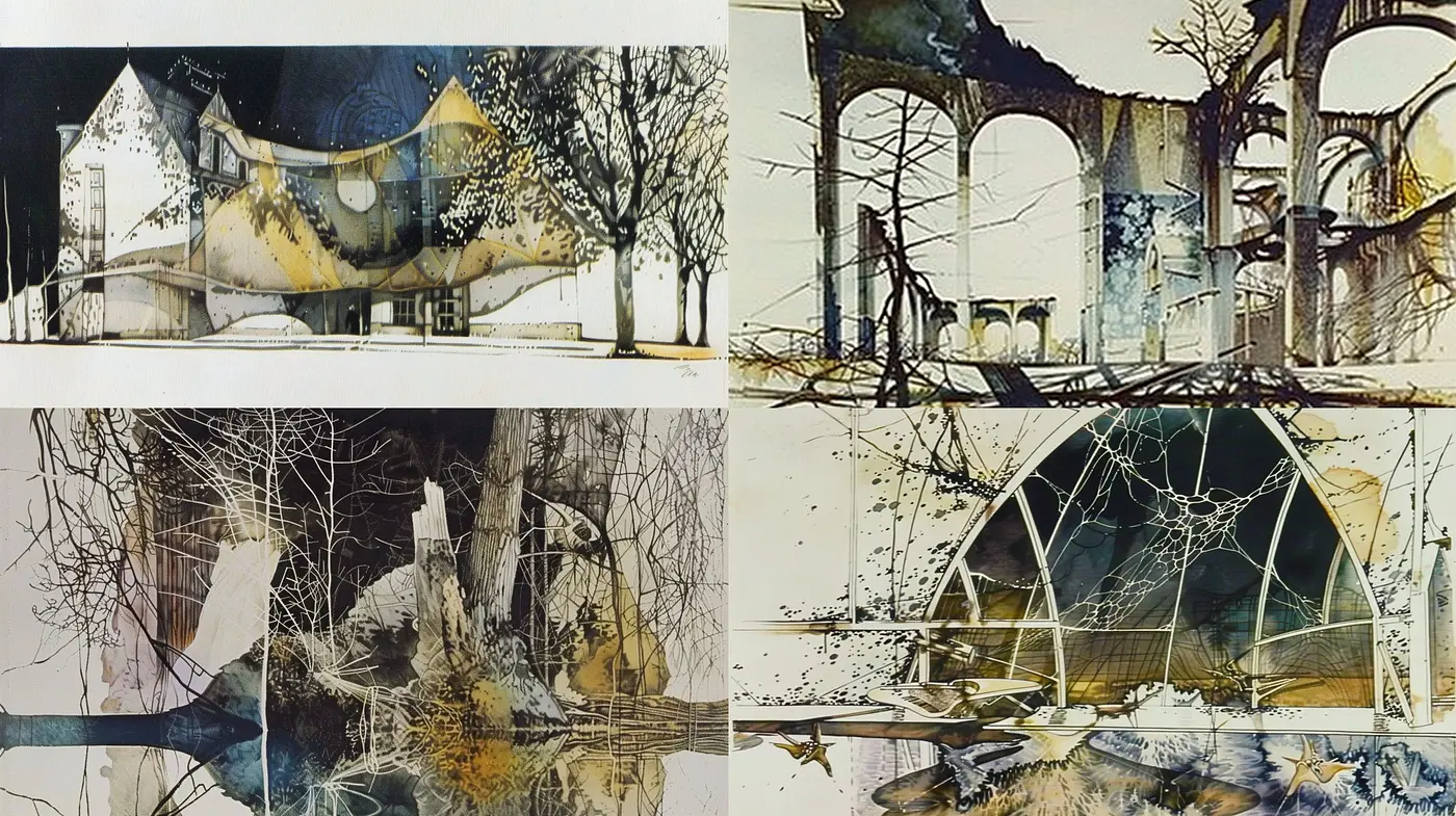 Ethereal Decay: A Harmonious Blend of Abstraction and Architectural Whispers - Midjourney sref style