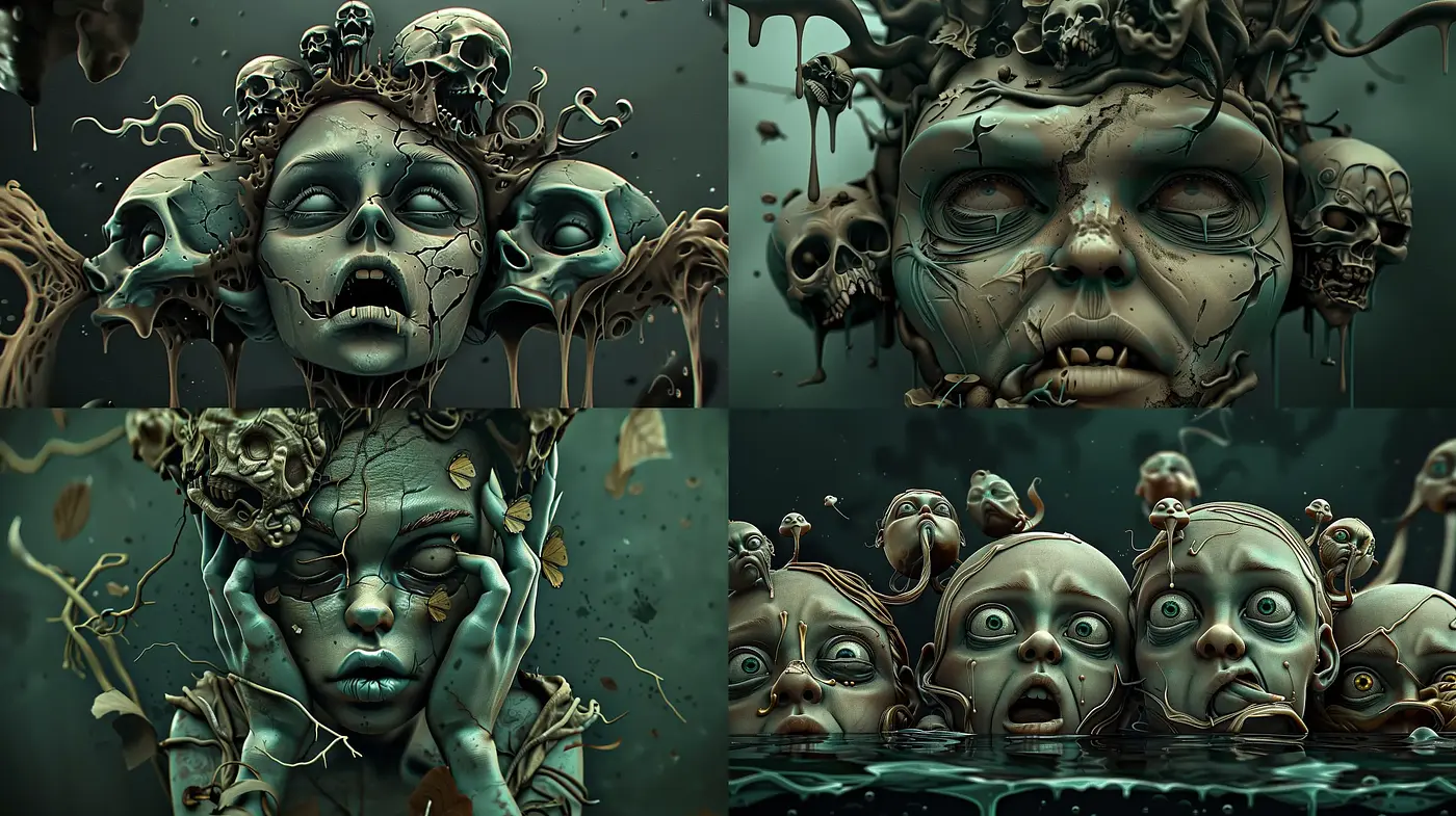 Surreal Macabre Dreamscape with a Teal and Bronze Palette - Midjourney sref style