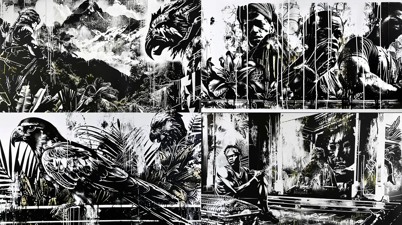 Monochromatic Expressive Collage - Midjourney sref style