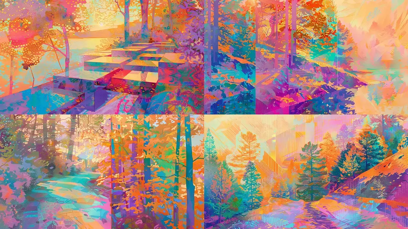 Vibrant and Dreamlike Landscape with Geometric Elements - Midjourney sref style