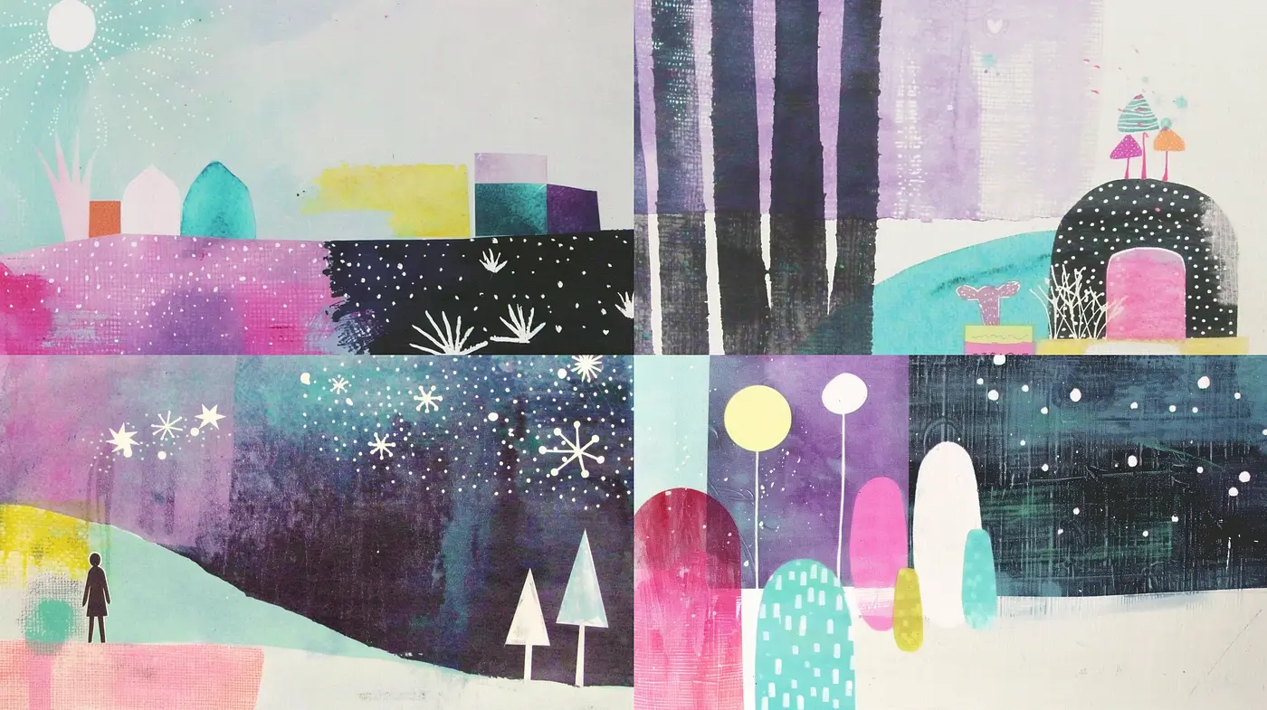 Whimsical Dreamscape Collage with Stylized Textures and Sprinkles of Cosmic Dust - Midjourney sref style