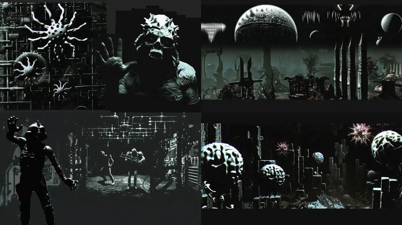 Monochromatic Dreamscape of Surreal Horrors - Midjourney sref style
