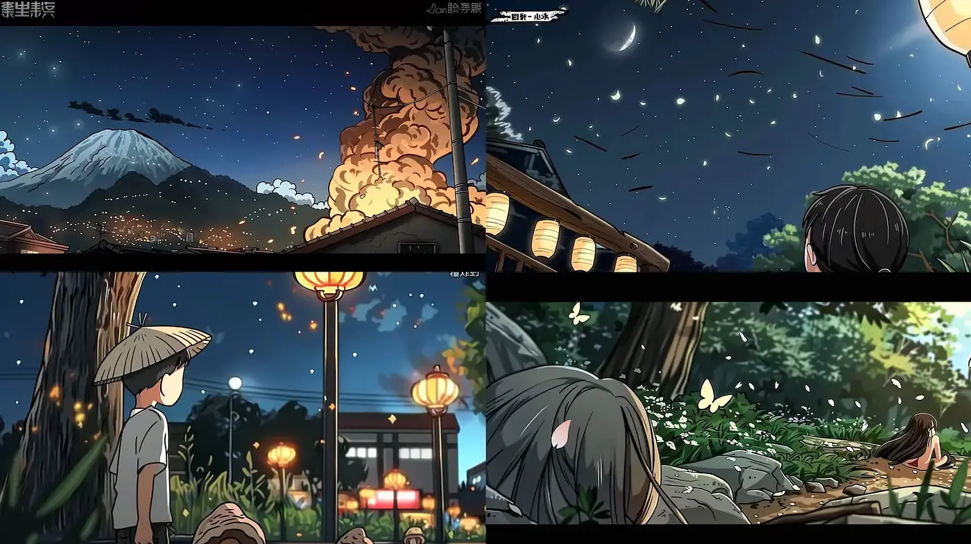 Captivating fusion of traditional and modern Japanese aesthetics in a serene night setting - Midjourney sref style