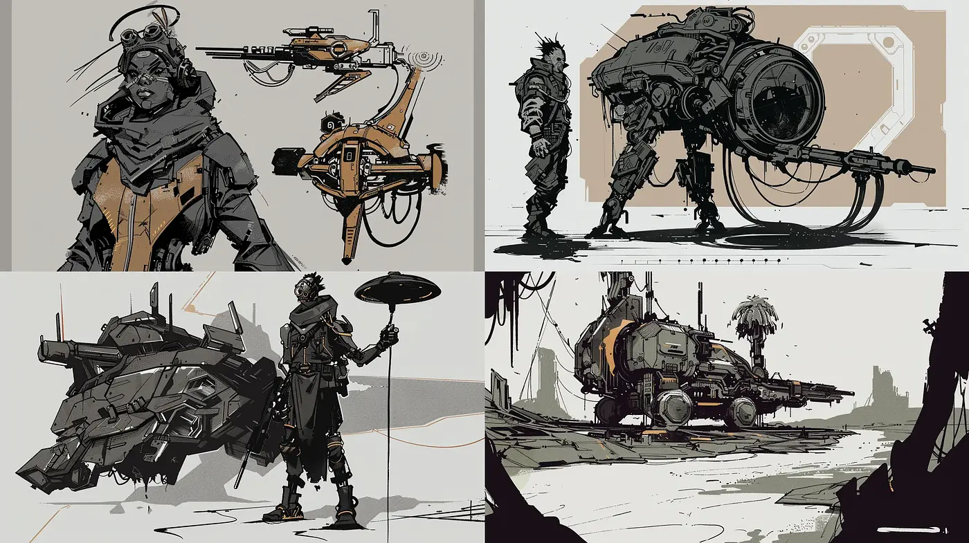 Futuristic Mechanized Elegance in Monochrome Sketch - Midjourney sref style