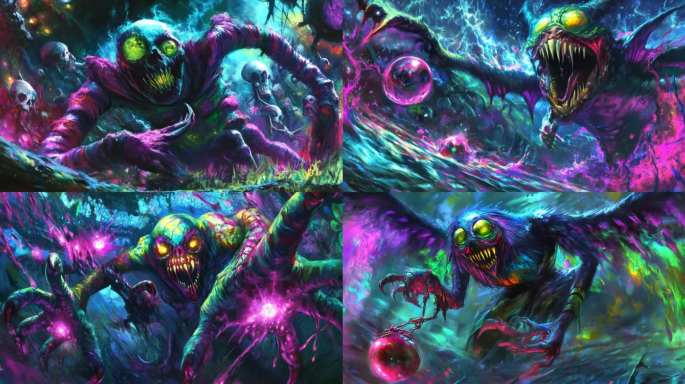 Surreal Phantasmagoria in Vivid Neon Hues - Midjourney sref style