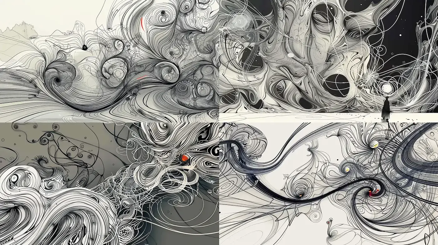 Swirling Elegance: Monochromatic Whorls and Abstract Textures Fusion - Midjourney sref style