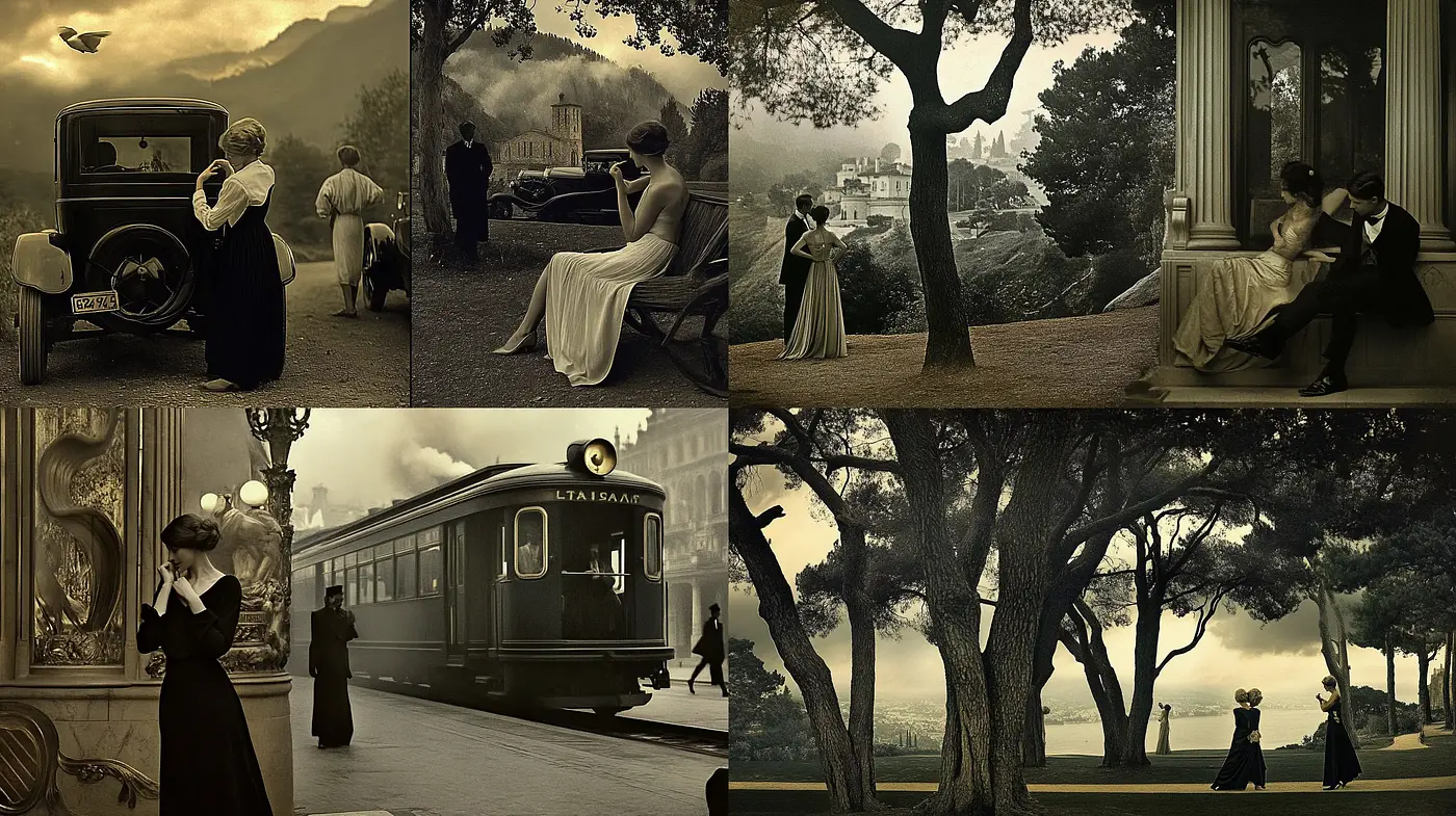 Sepia-Toned Nostalgic Vignettes of Early 20th Century Life - Midjourney sref style
