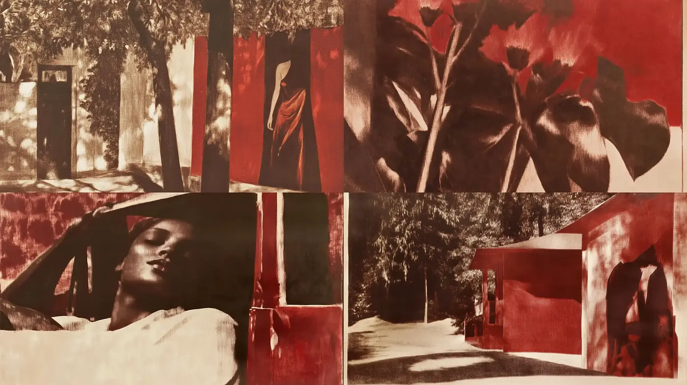 Sepia-Toned Dreamscape in Red Hues - Midjourney sref style