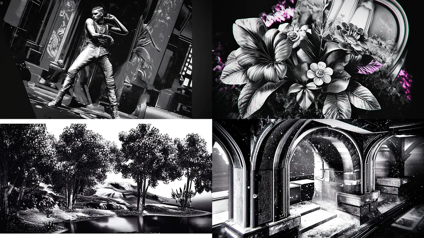Monochromatic Dreamscape: A Fusion of High Contrast and Painterly Textures - Midjourney sref style