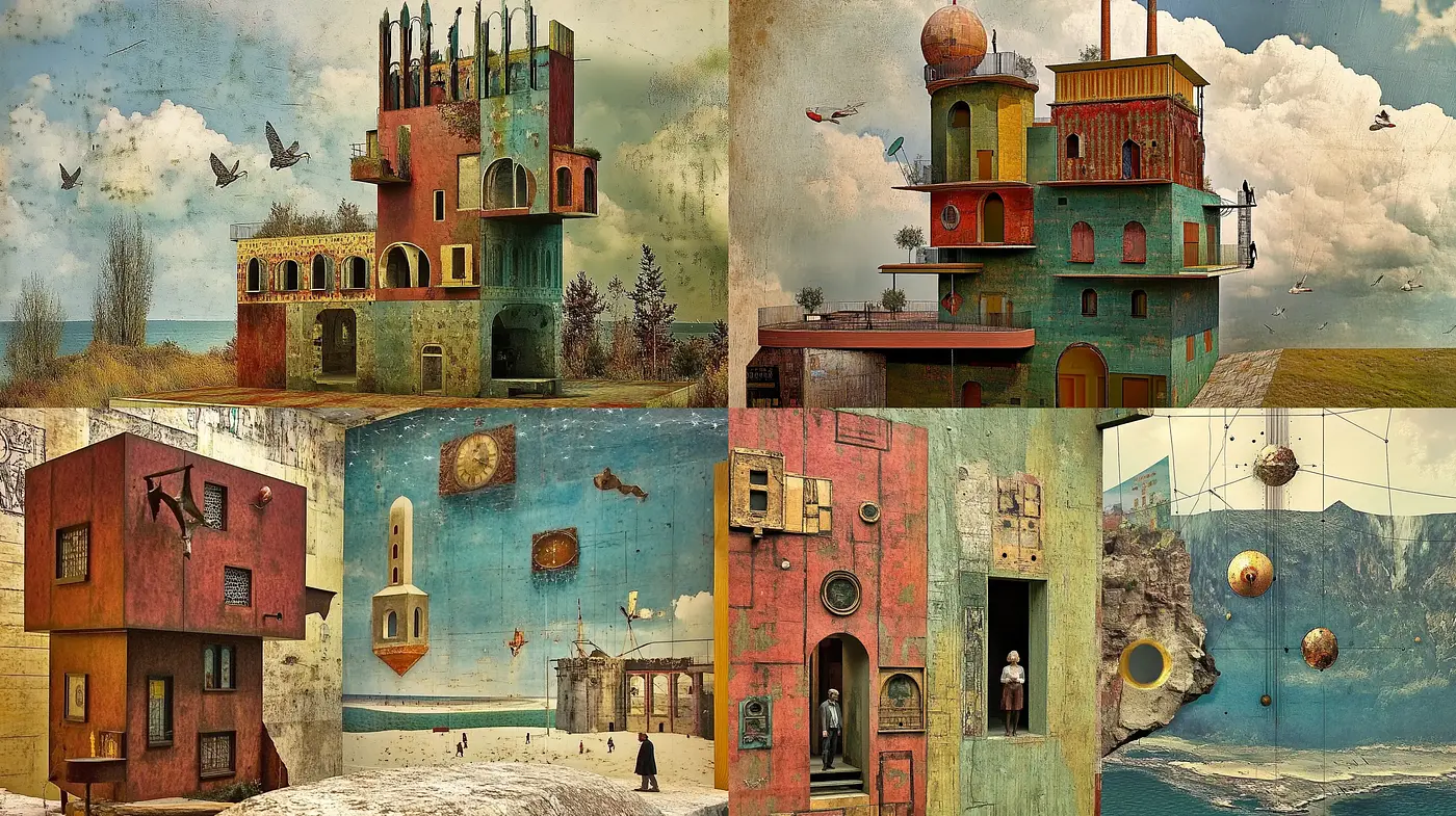 Architectural Fantasy in a Surrealist Dreamscape - Midjourney sref style