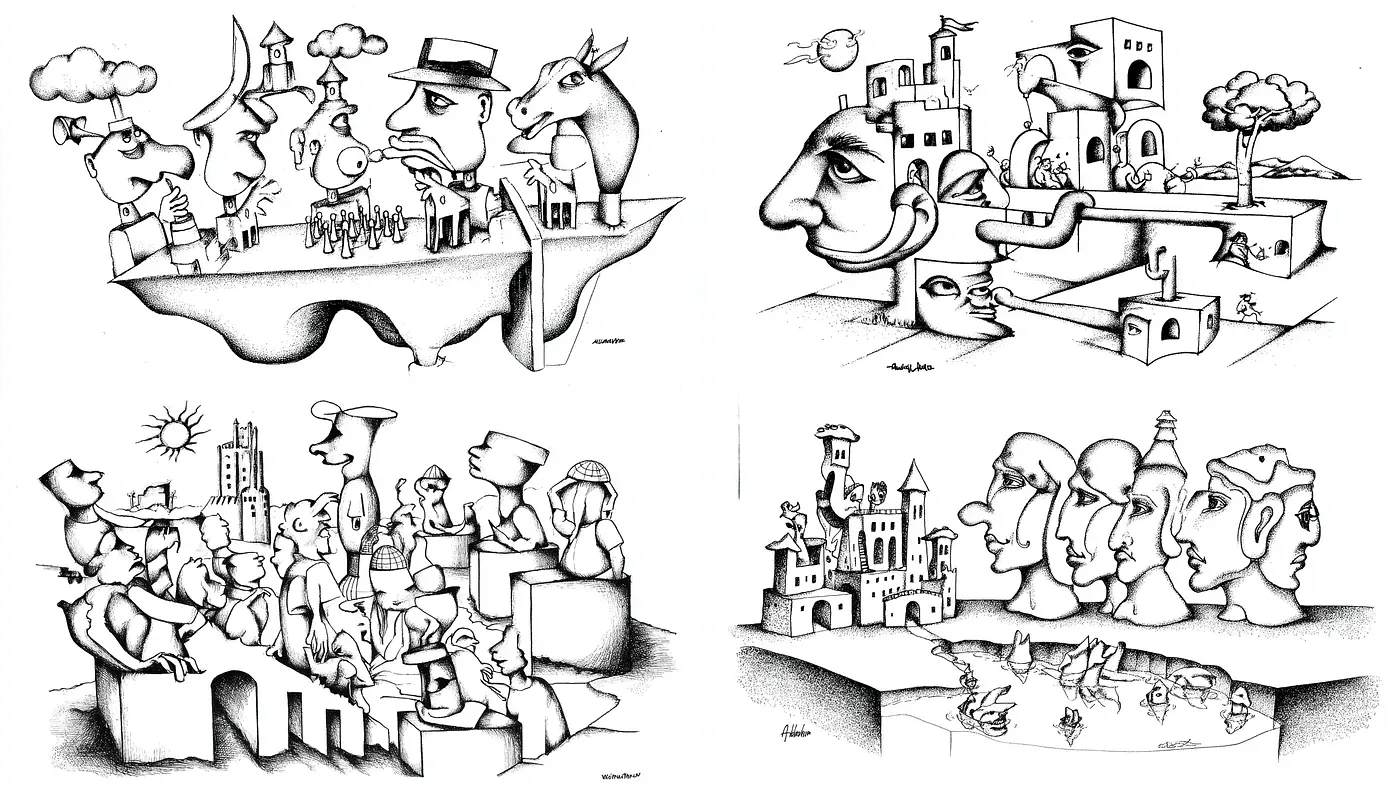 Surrealist monochromatic exploration of human forms and architecture - Midjourney sref style