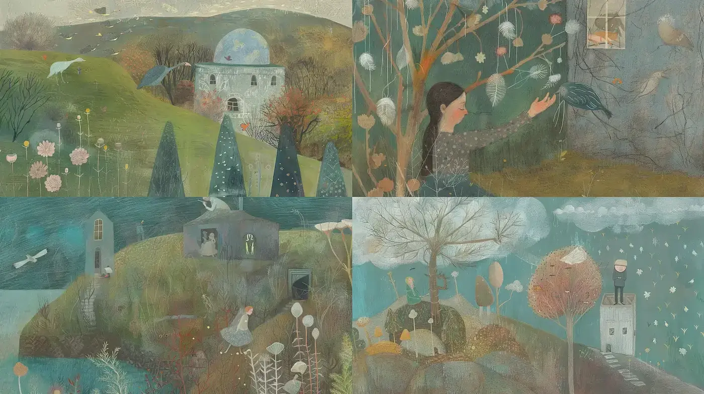 Whimsical Illustrations with a Dreamlike Quality and Nature Themes - Midjourney sref style