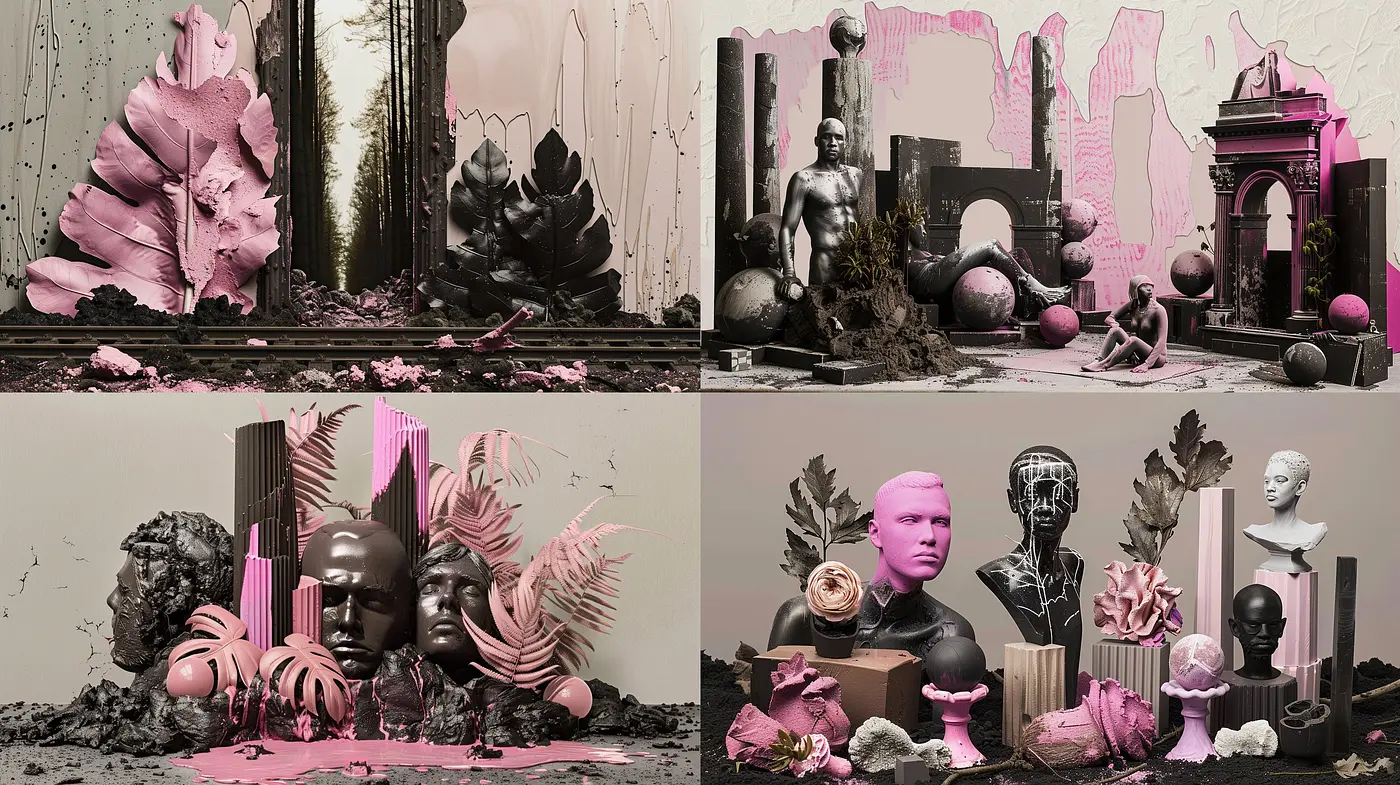 Surrealist Fusion: A Melancholic Dreamscape in Monochrome and Pink - Midjourney sref style