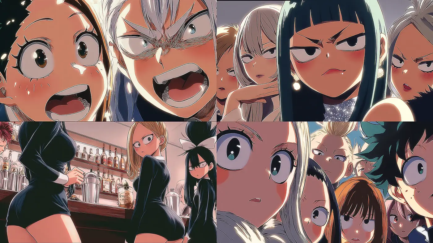 Dynamic and expressive anime-inspired artwork with a mix of character intensity and setting cohesiveness - Midjourney sref style