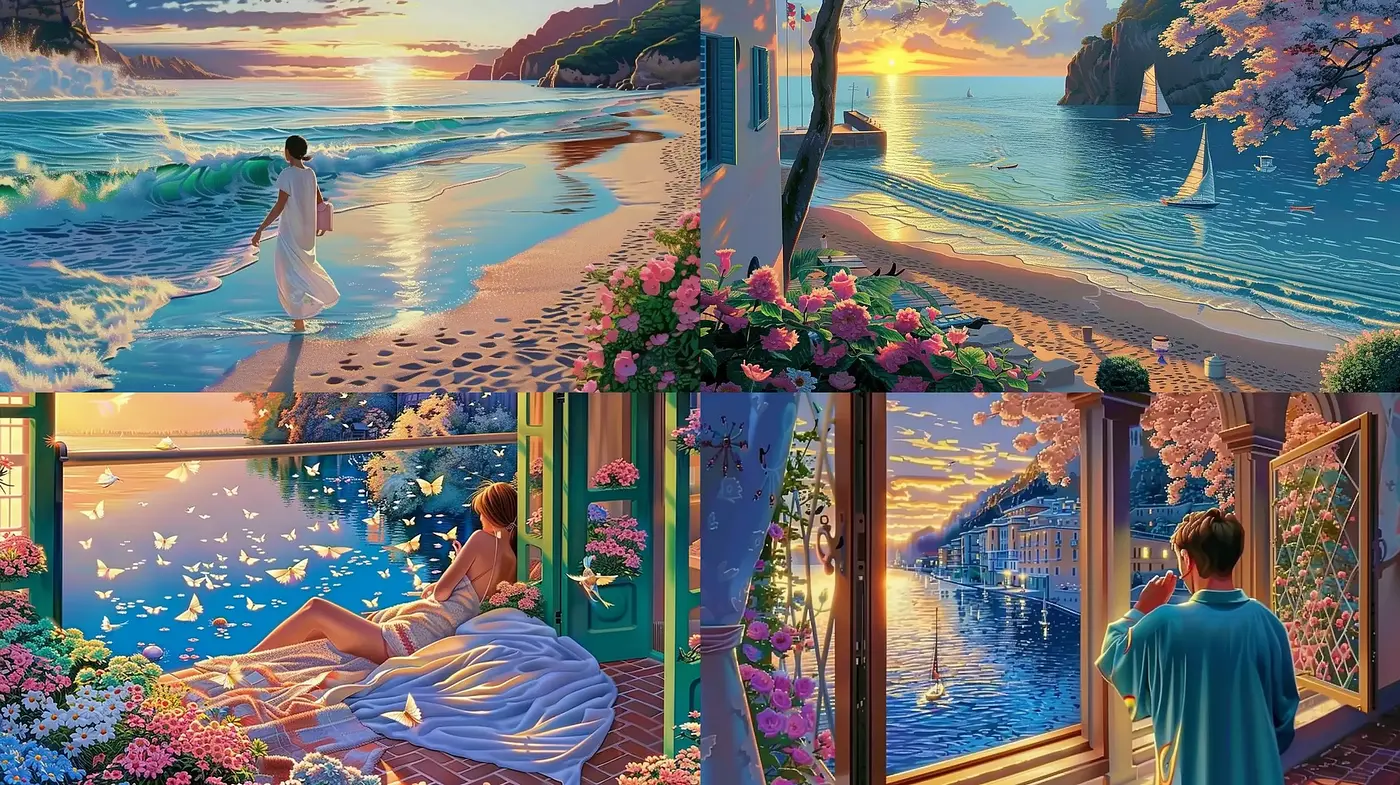 Serene Twilight Harmony: A Consistent Melange of Sunset Hues and Luminous Pastels - Midjourney sref style