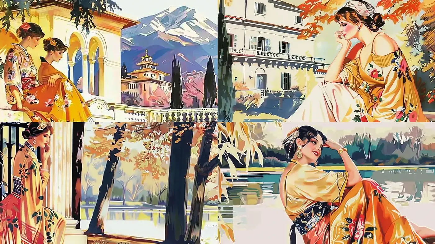 Artistic Depiction of Harmonious Landscapes with Elegant Figures - Midjourney sref style