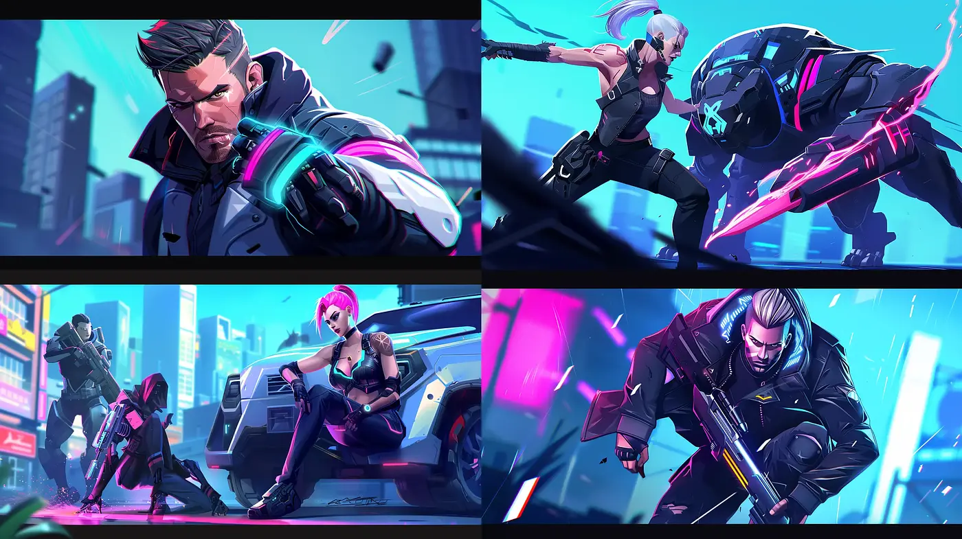 Futuristic Neon Blitz: A Fusion of Dynamic Poses and Cyberpunk Aesthetics - Midjourney sref style