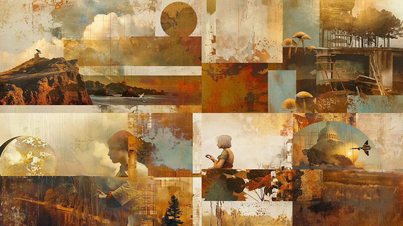 Earthy Tones and Textured Abstract Montage - Midjourney sref style