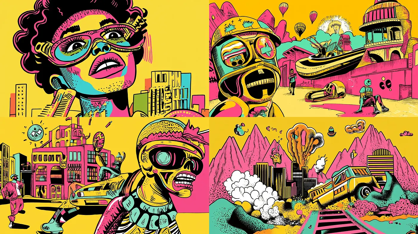 Vibrant Pop Art Extravaganza with Retro Comic Book Influence - Midjourney sref style