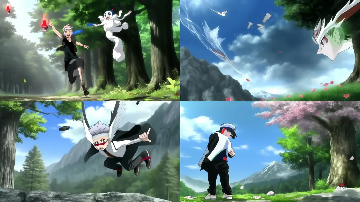 Ethereal Nature Backdrop with Dynamic Anime Characters - Midjourney sref style