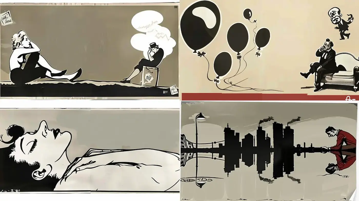 Stylized Narrative Art with Retro Vibes and Minimalist Composition - Midjourney sref style