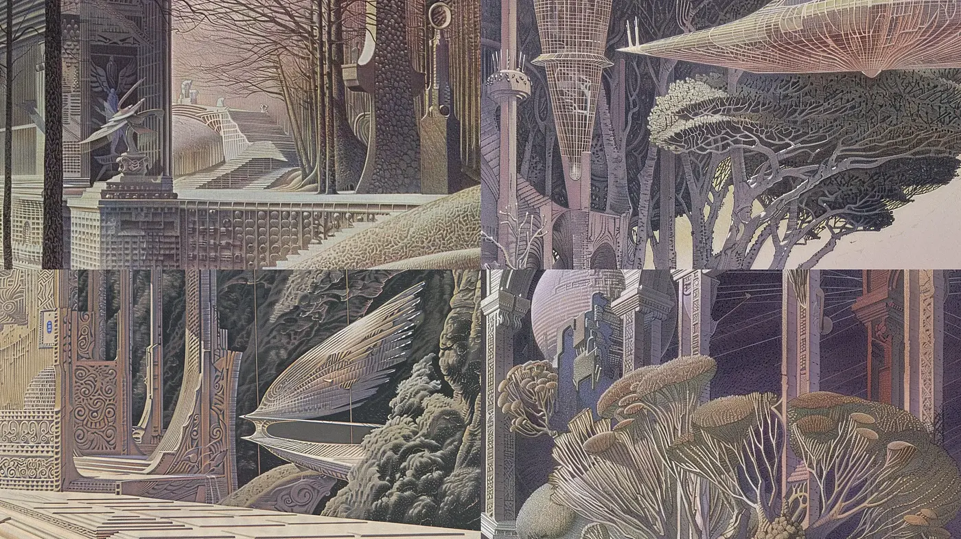 Ethereal Crosshatch Symmetry Embodied in Dreamlike Scenes - Midjourney sref style