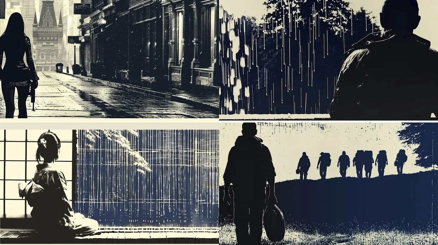 Silhouetted Nostalgia in Monochromatic Echoes - Midjourney sref style