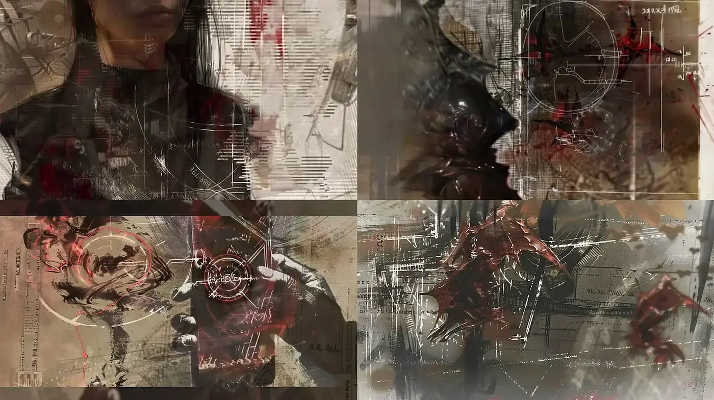 Dark, gritty digital art with abstract elements and a sense of impending tension - Midjourney sref style