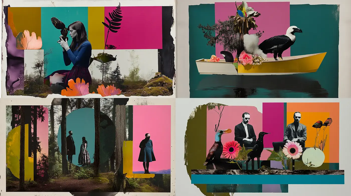 Modern Collage Fusion With Surreal and Natural Elements - Midjourney sref style