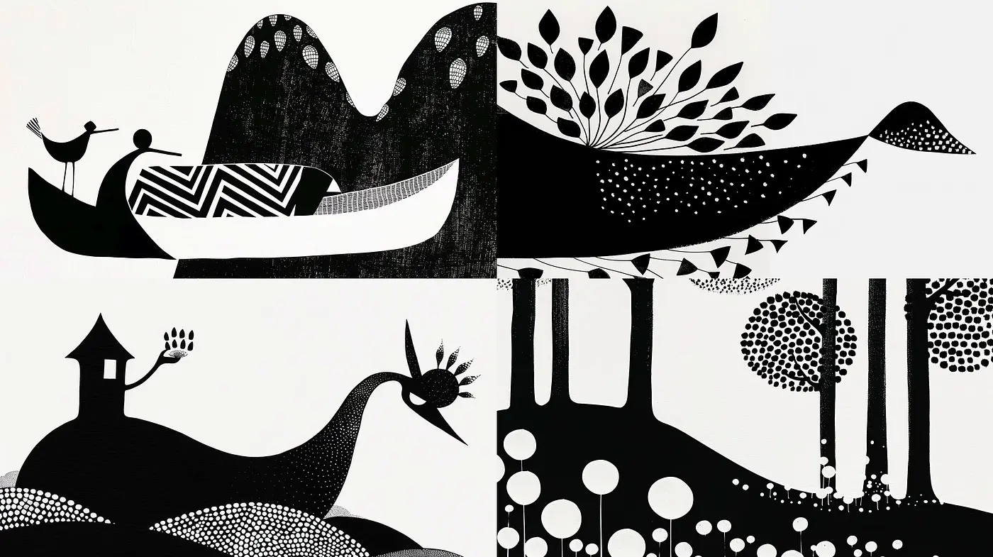 Monochrome Dreamscape: A Study in Simplified Elegance and Patterned Contrast - Midjourney sref style