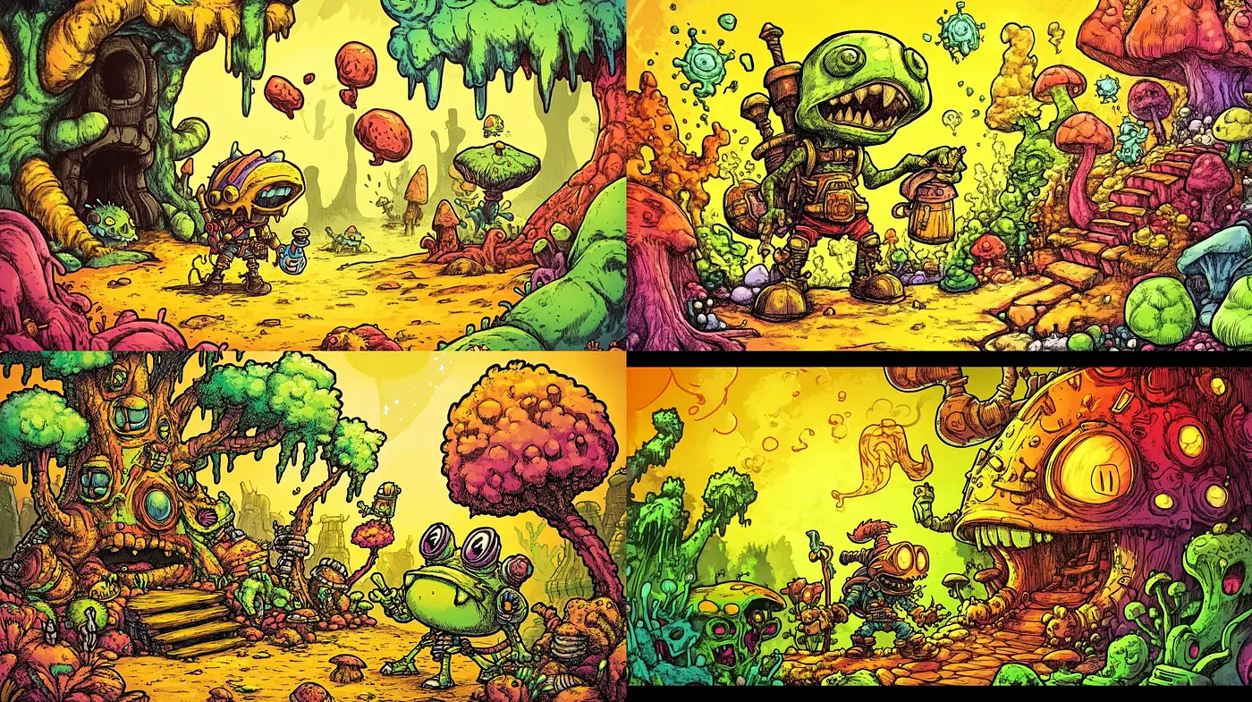 Surrealistic Grotesque Wonderland with a Psychedelic Twist - Midjourney sref style