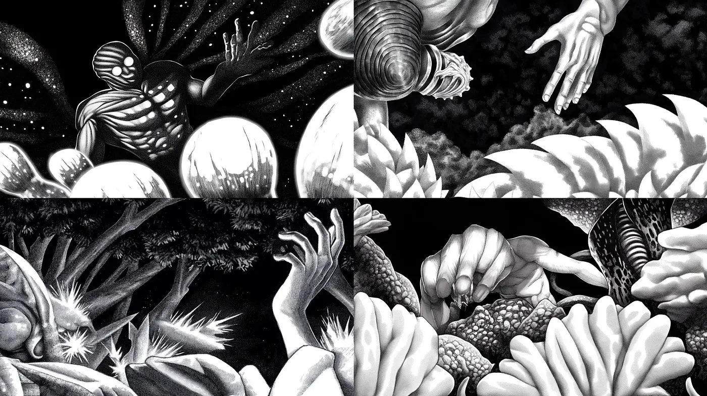 Monochromatic Dreamscape of Surrealist Botanica - Midjourney sref style