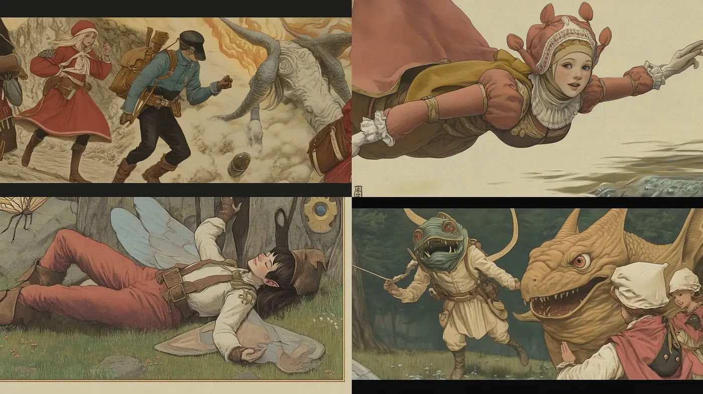 Fantastical Storybook Illustrations with an Aged Parchment Tone - Midjourney sref style