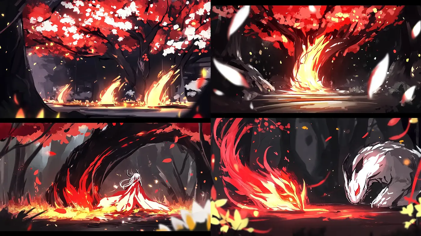 Enigmatic Fiery Nature: A Fusion of Mysticism and Anime-Inspired Digital Art - Midjourney sref style