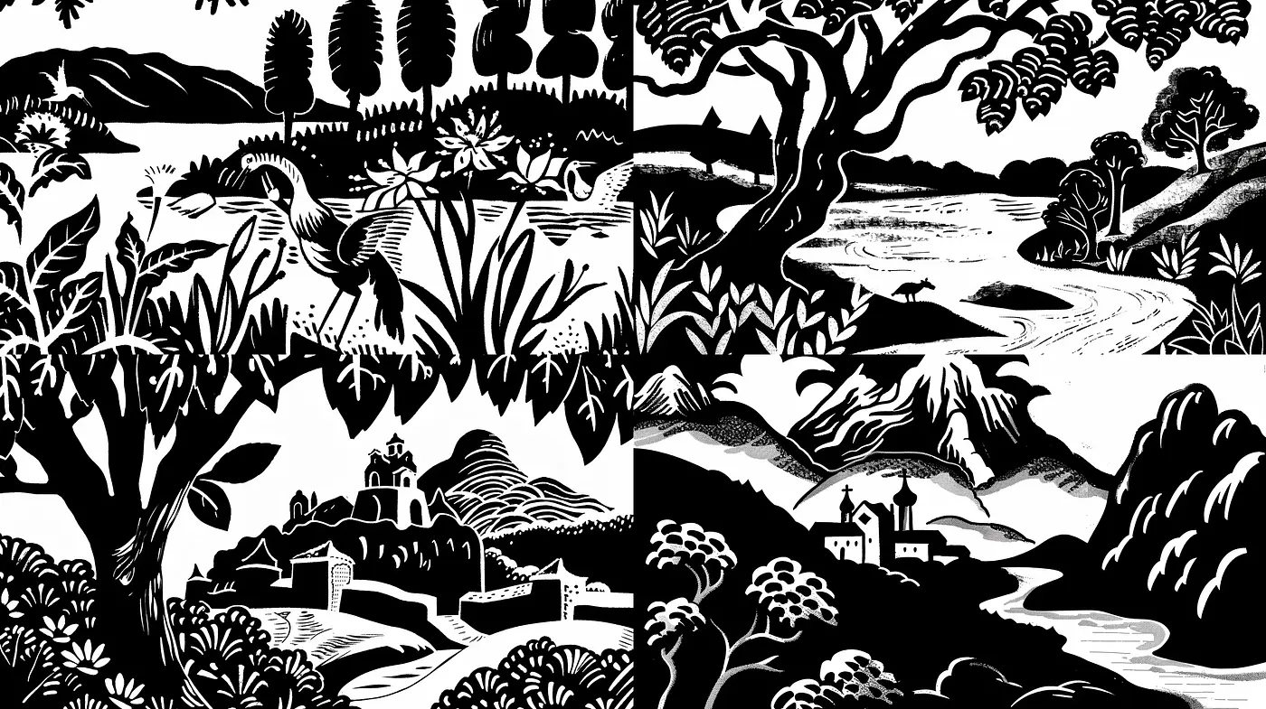 Monochromatic Lyrical Landscapes: A Homage to Woodcut Artistry - Midjourney sref style