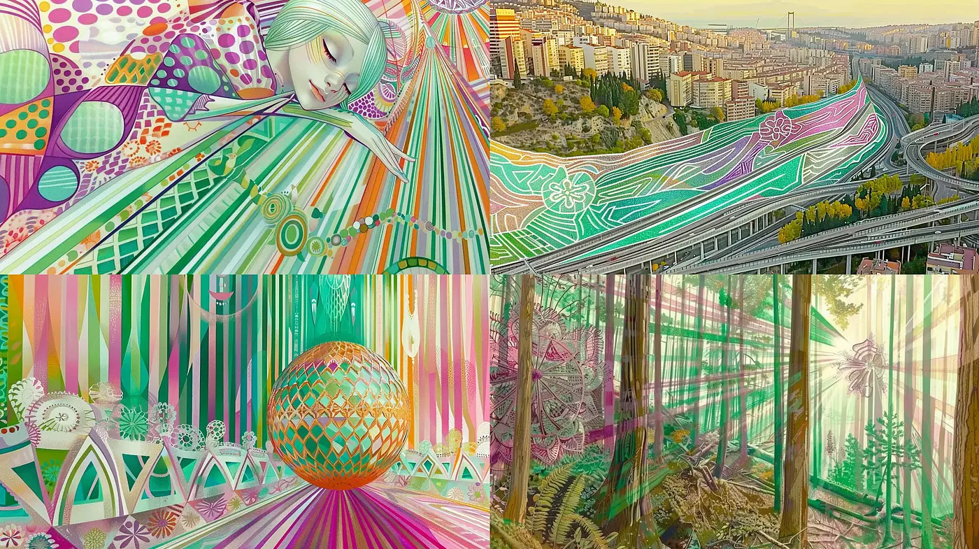 Psychedelic Rainbow: A Fusion of Vibrant Colors and Hypnotic Patterns - Midjourney sref style