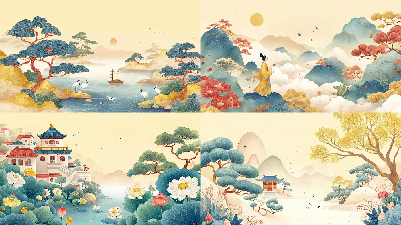 Serene Landscape Illustrations with Subtle Pastel Palettes and Traditional Influences - Midjourney sref style
