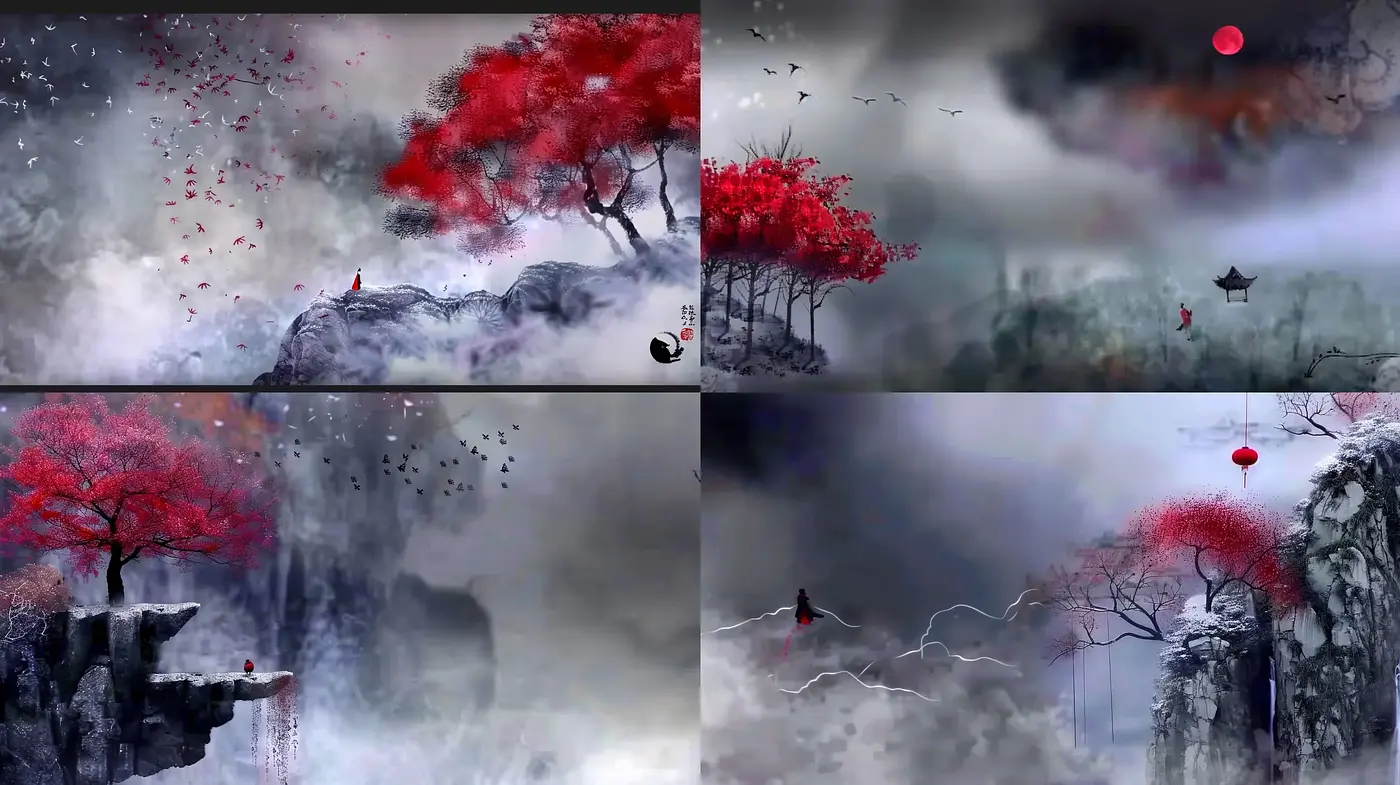 Ethereal Monochrome with Crimson Flourishes - Midjourney sref style