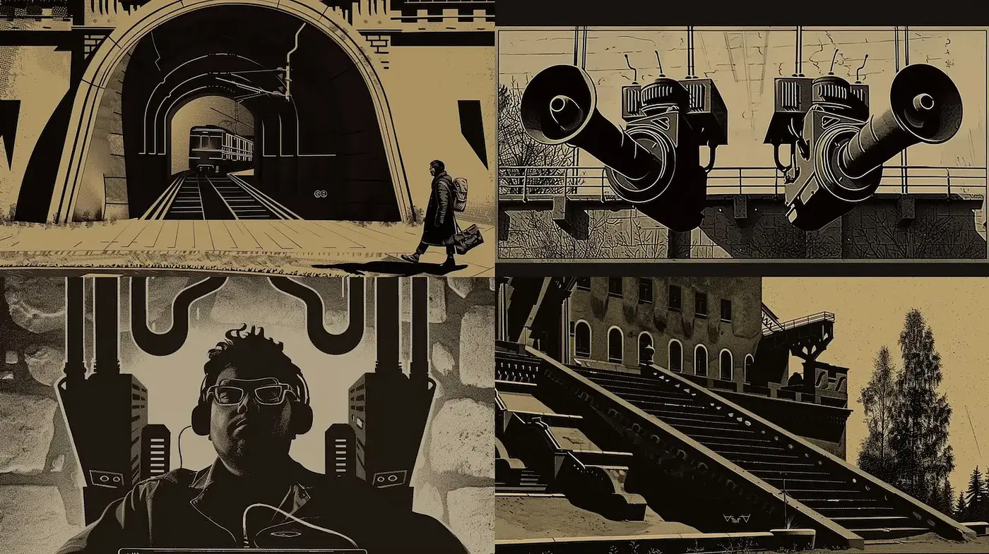 Cinematic monochrome illustrations with a vintage industrial theme - Midjourney sref style