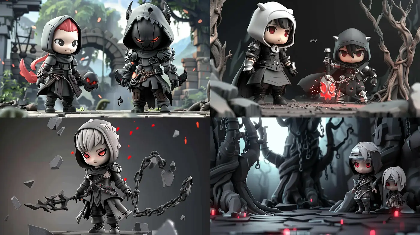 Gothic Chibi Characters in a Monochrome Fantasia - Midjourney sref style