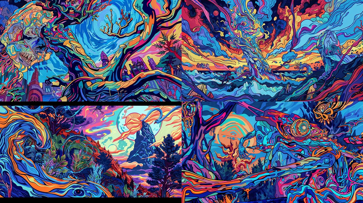 Psychedelic Dreamscape of Vivid Hues and Surreal Forms - Midjourney sref style
