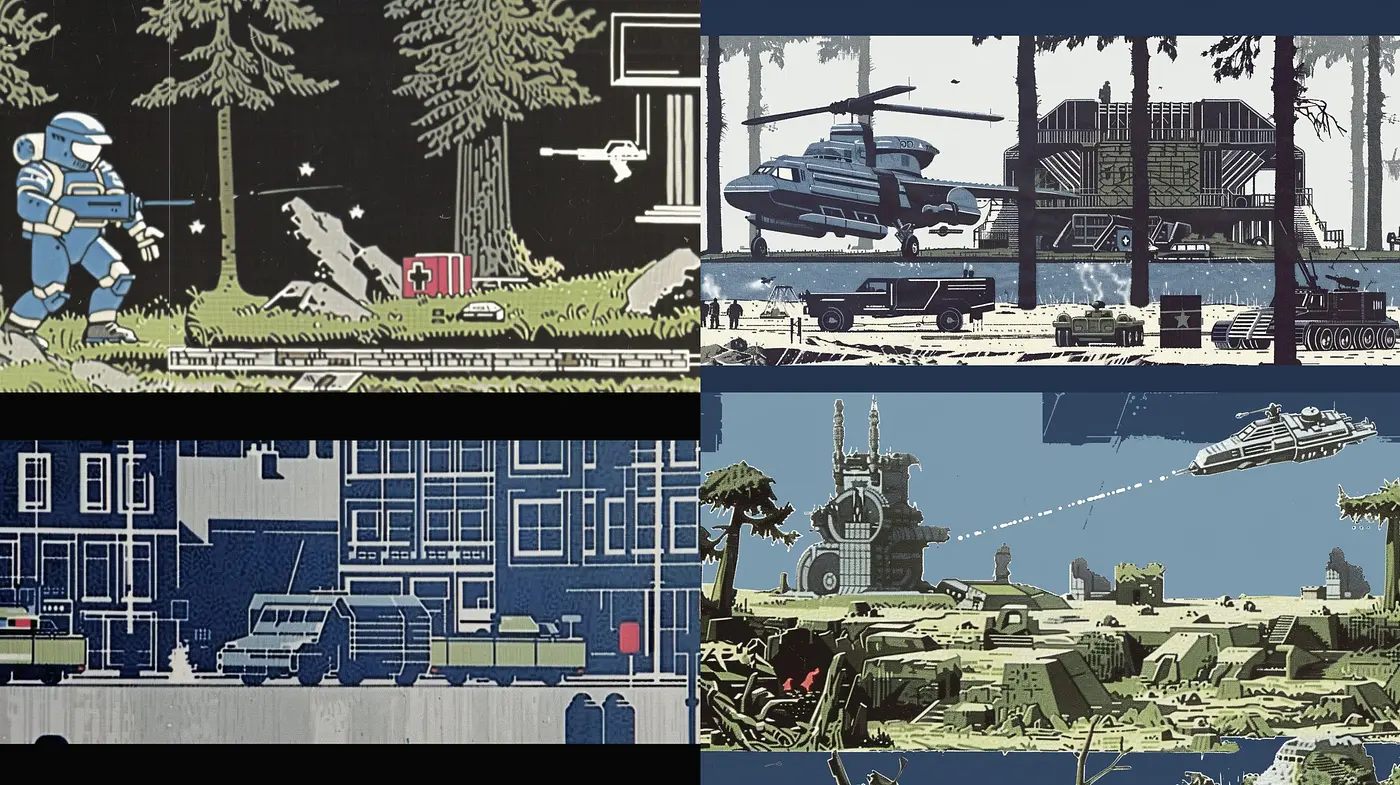 Stylized Retro Futuristic Vignettes in Monochromatic Tones - Midjourney sref style