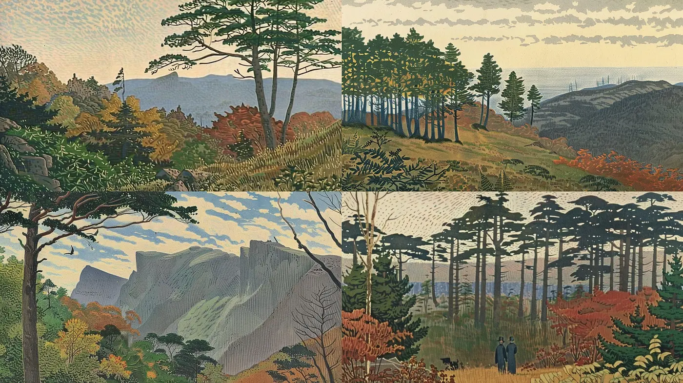 Consistent Nostalgic Landscape: A Synthesis of Serene Nature in Stylized Illustration - Midjourney sref style