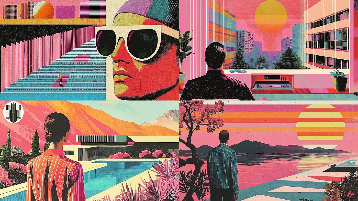 Retrofuturist Dreamscape in Vivid Sunset Hues - Midjourney sref style