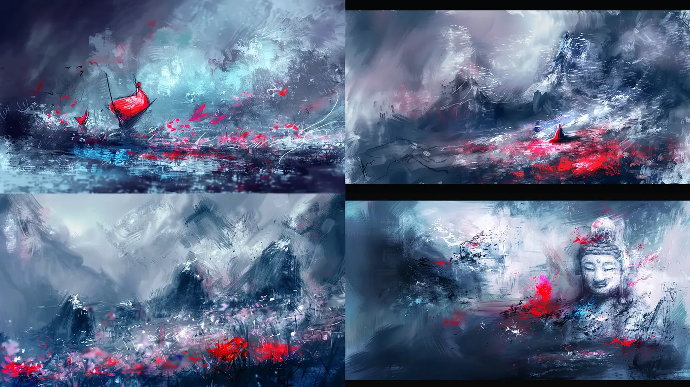 Ethereal Brushstrokes in Cool Tones with Vivid Accents - Midjourney sref style
