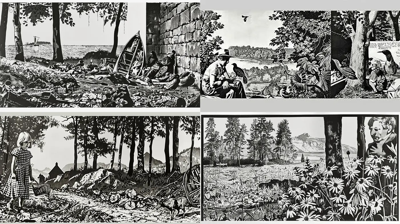 Monochromatic Pastoral Symphony: Echoes of Graphic Novel Realism - Midjourney sref style