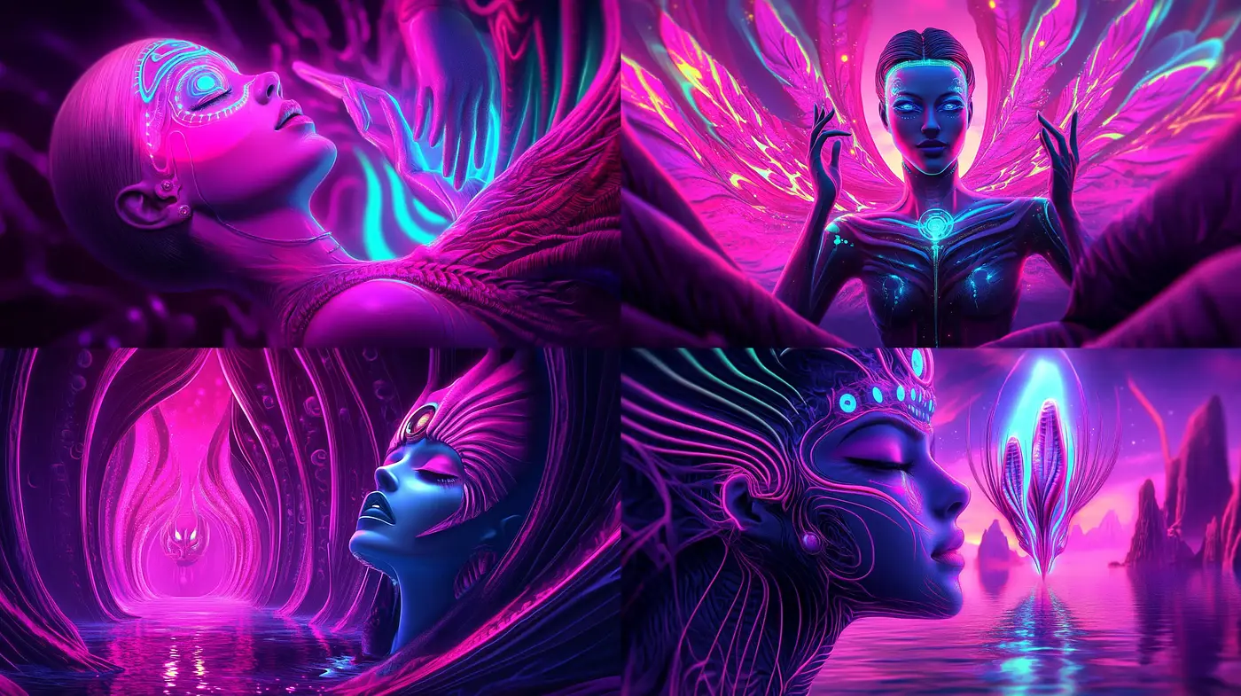 Neon Dreamscape: A Luminescent Fusion of Surrealism and Cybernetic Fantasy - Midjourney sref style
