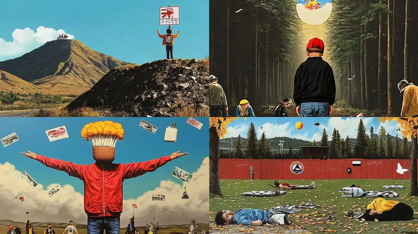 Surrealistic Narrative Collage with Vibrant Tones - Midjourney sref style