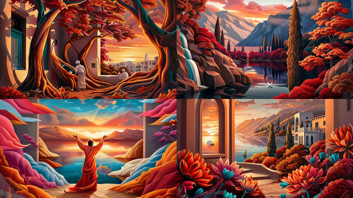 Surreal Chromatic Vistas: A Kaleidoscopic Journey through Stylized Nature - Midjourney sref style