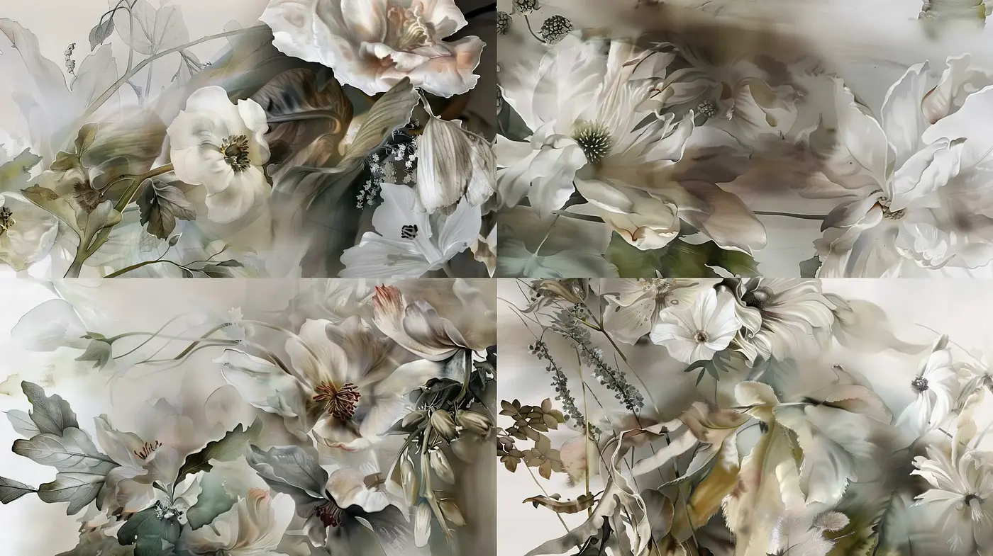 Ethereal Floral Dreamscape in Monochromatic Tones - Midjourney sref style